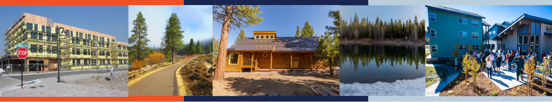 Banner - apartments under construction - trees bike path - cabin - lake - housing tour