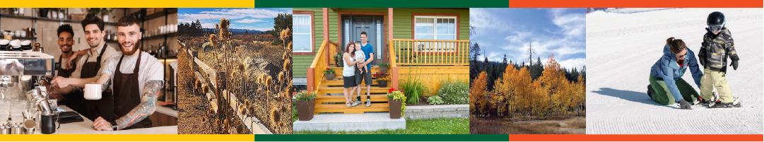 Banner - baristas - plants on fence - family with colorful house - fall trees - snowboard instructor