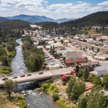 A birds-eye view of Truckee River and Downtown Truckee on a sunny day. 
