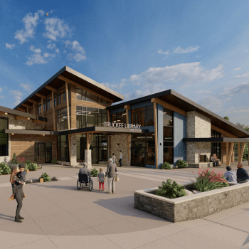 Rendering of the new Truckee Library with people walking around outside of facility. 