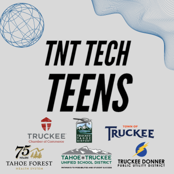 TNT Tech Teens logo with partner logos and some swirls around it. 