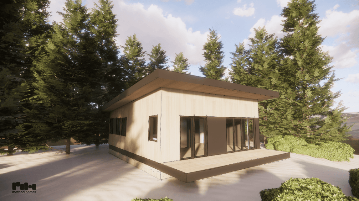 A white ADU with a brown roof and small porch with trees