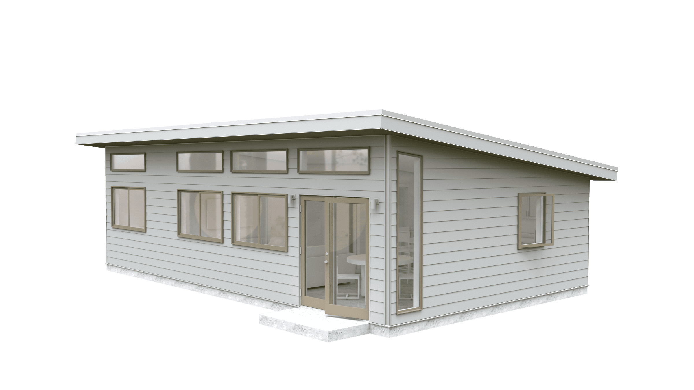 Gray one story ADU on a white background