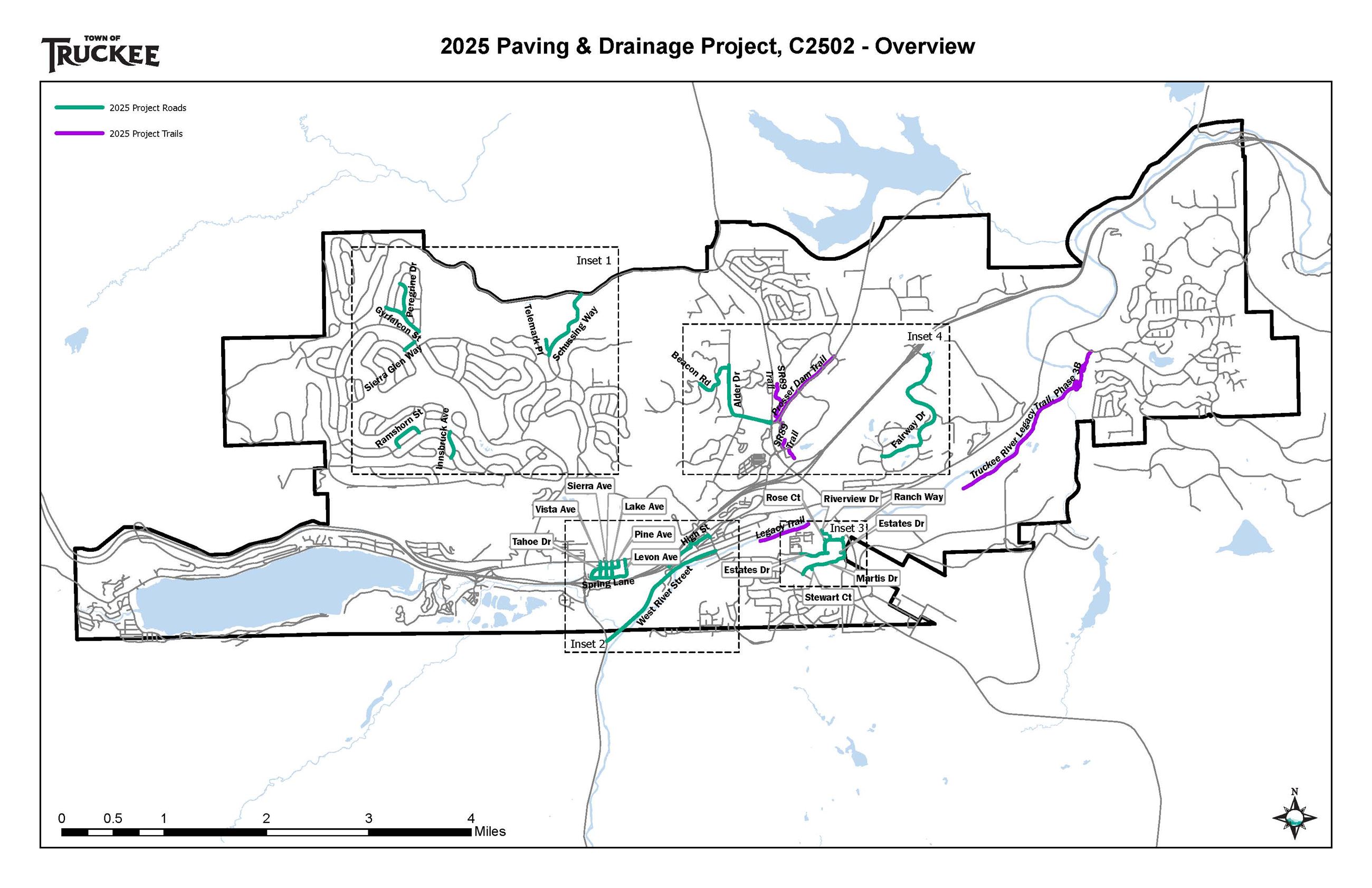 A map showing the locations of the planned road construct 2025 Paving and Drainage Project. 
